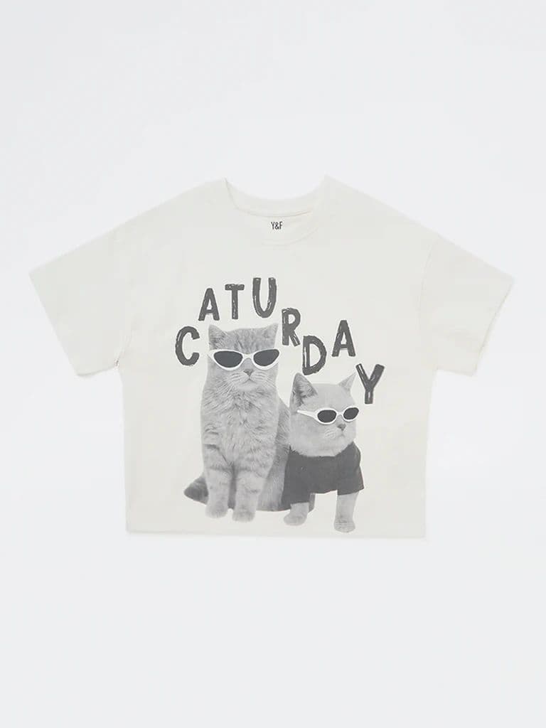 Y&F Kids Girls White Printed Cotton T-Shirt — photo 4