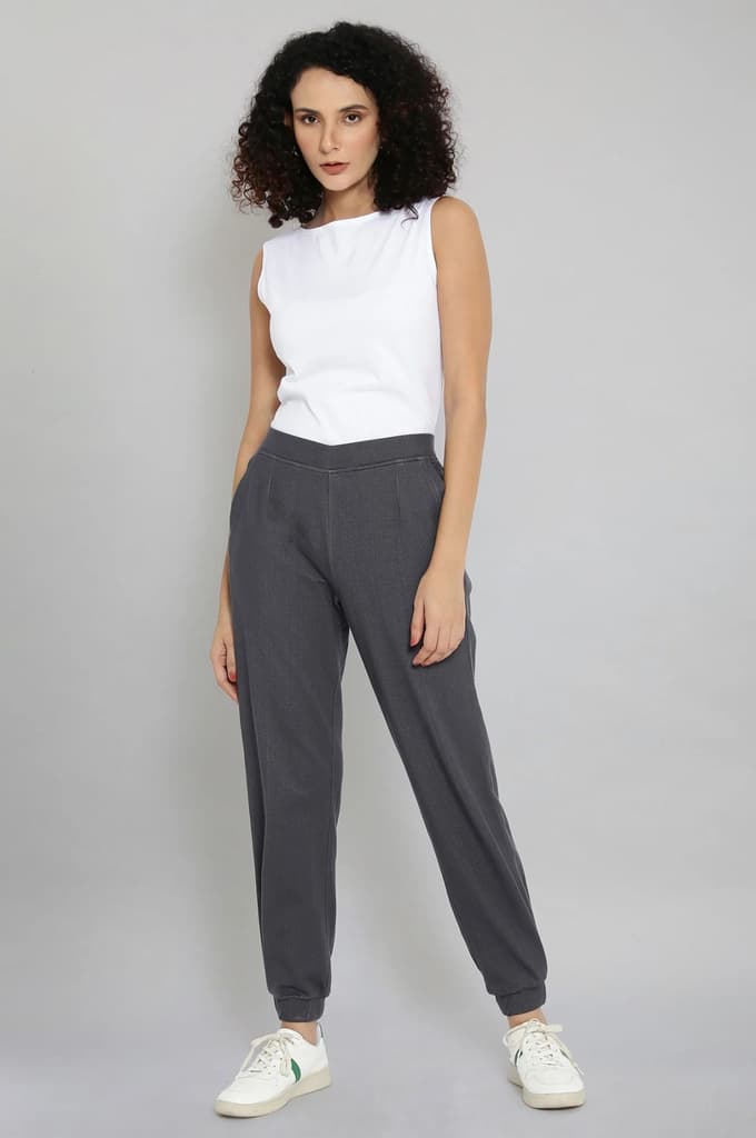 Grey Solid Tapered Cotton Joggers With Elasticated Waist — photo 5