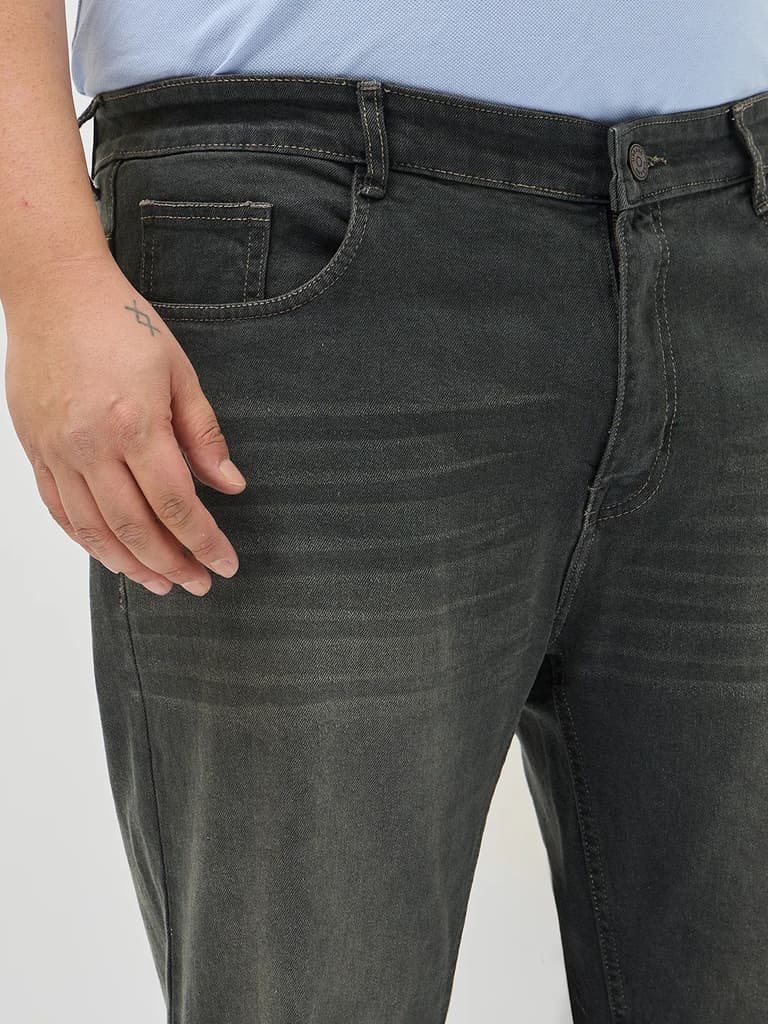 Plus Men's Dark Grey Regular Fit Whisker Washed Yellow Tint Denim Jeans Stretchable — photo 5