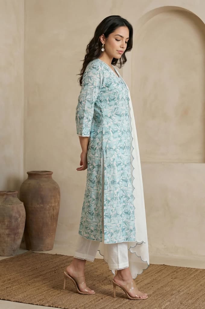 White and Green Floral Printed Kota Straight Kurta with Straight Pants and Dupatta Set — photo 6