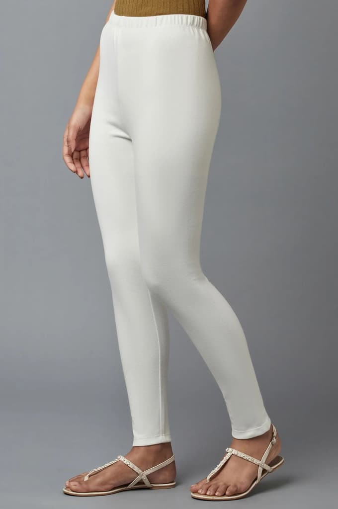White Solid Skinny Fit Cotton Tights With Elasticated Waistband — photo 3