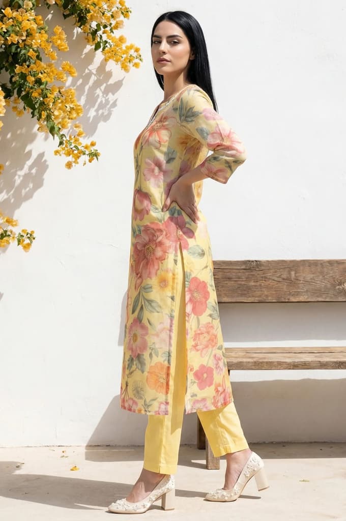 Yellow Floral Printed Sequins Straight Kurta — photo 4