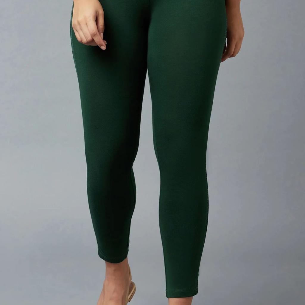 Green Solid Skinny Fit Cotton Tights With Elasticated Waist