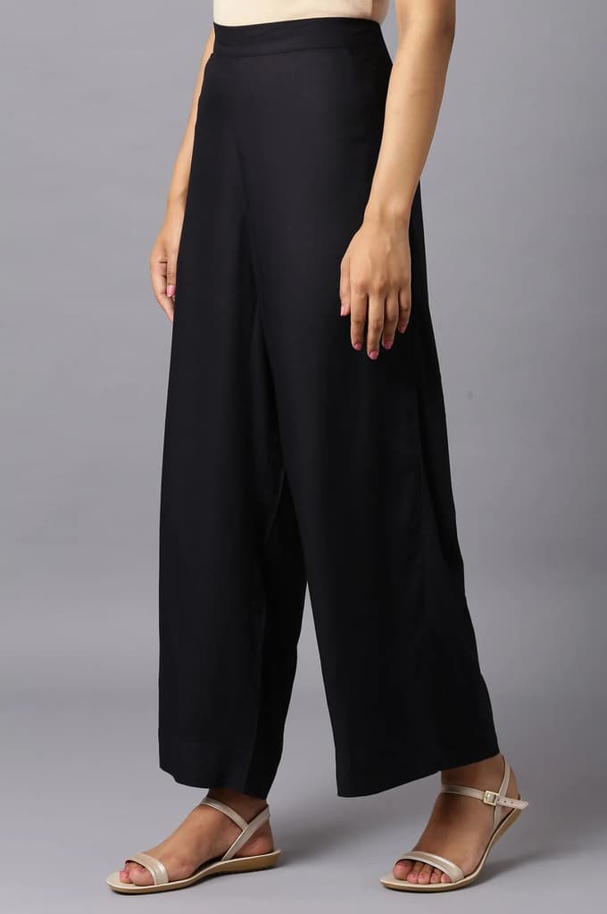Black Solid Wide Leg Woven Palazzo With Elasticated Waistband — photo 3