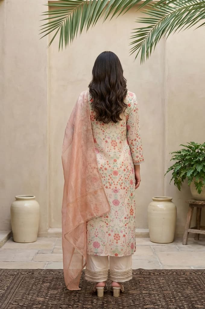 Cream Floral Printed Tissue A-Line Kurta with Straight Pant and Dupatta Set — photo 4