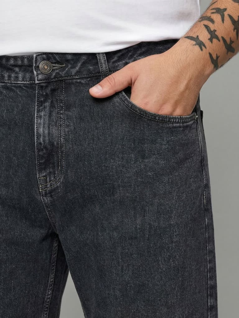 Plus Men's Grey Relaxed Fit Washed Denim Jeans Non-Stretchable — photo 5