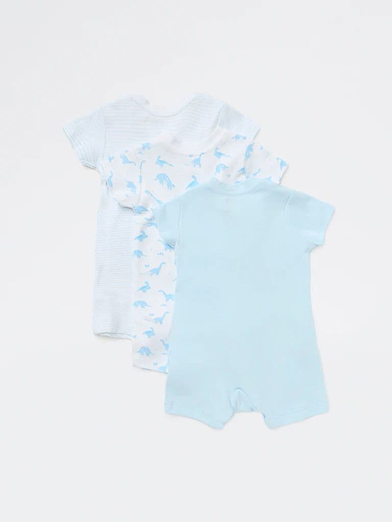 HOP Baby Boys Blue Printed Cotton Rompers (Pack of 3) — photo 3