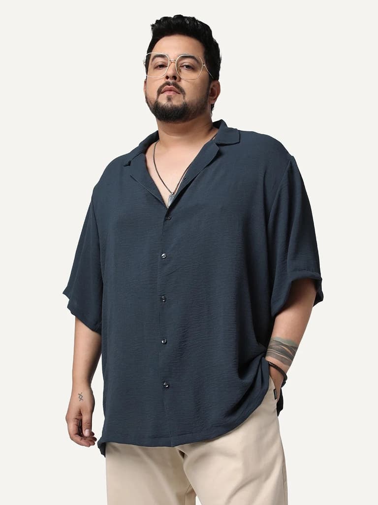 Plus Men's Steel Cotton Half Sleeve Relaxed Fit Textured Shirt with Cuban Collar — 2XL / Steel