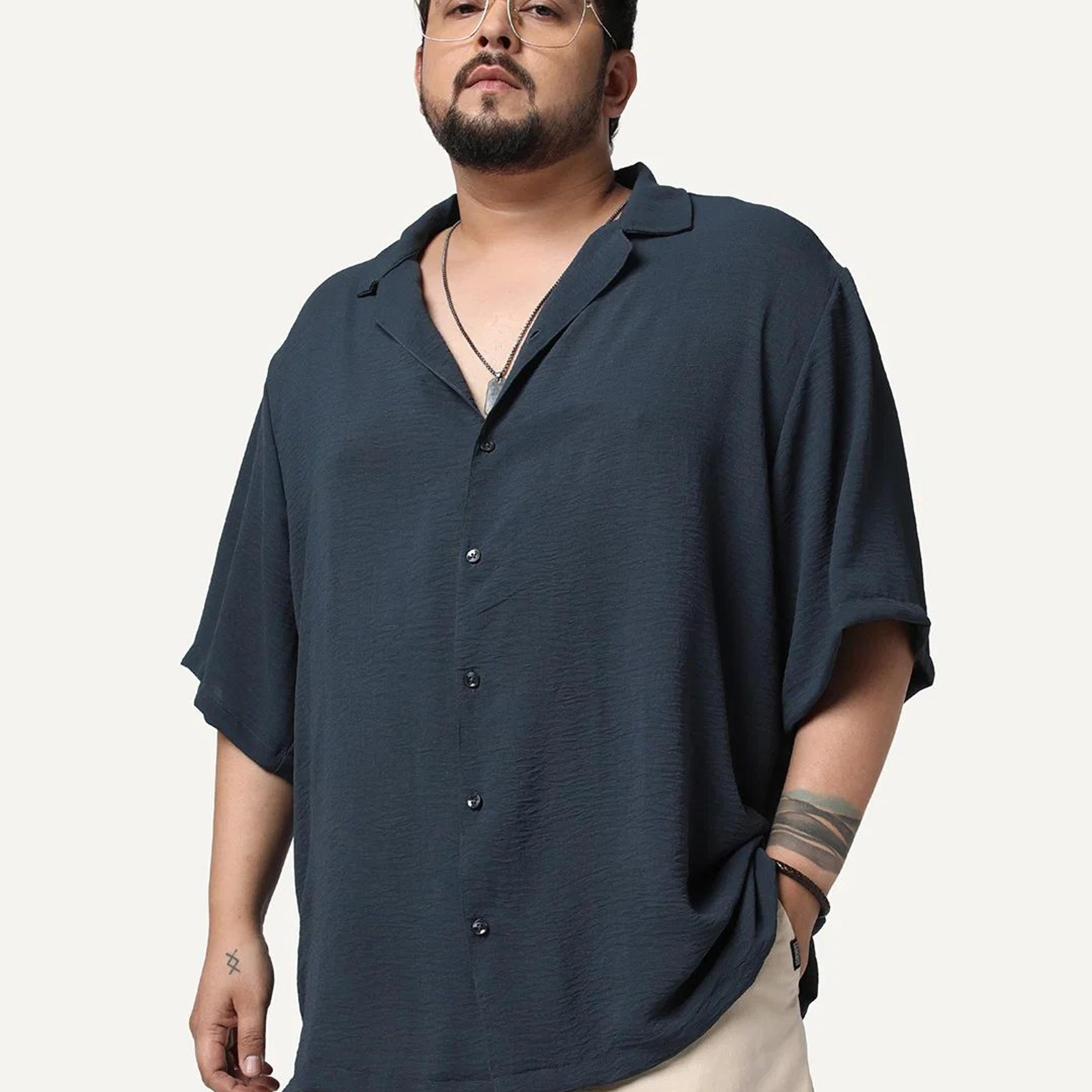 Plus Men's Steel Cotton Half Sleeve Relaxed Fit Textured Shirt with Cuban Collar