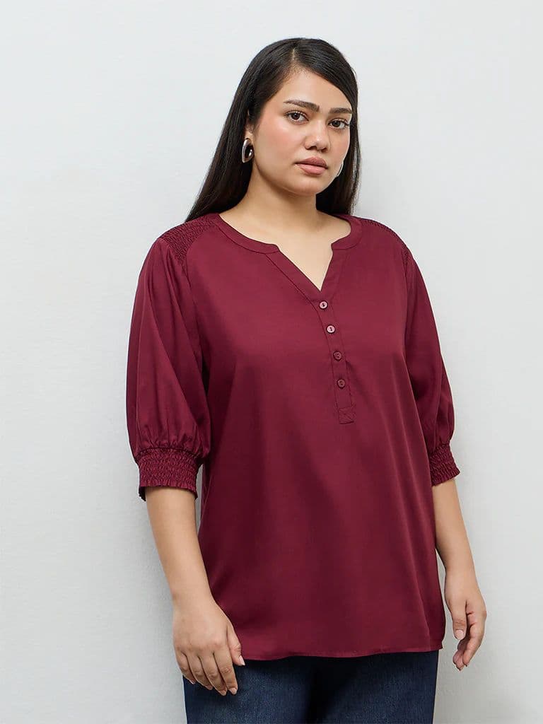 Gia Wine Smocked Detail Blouse
