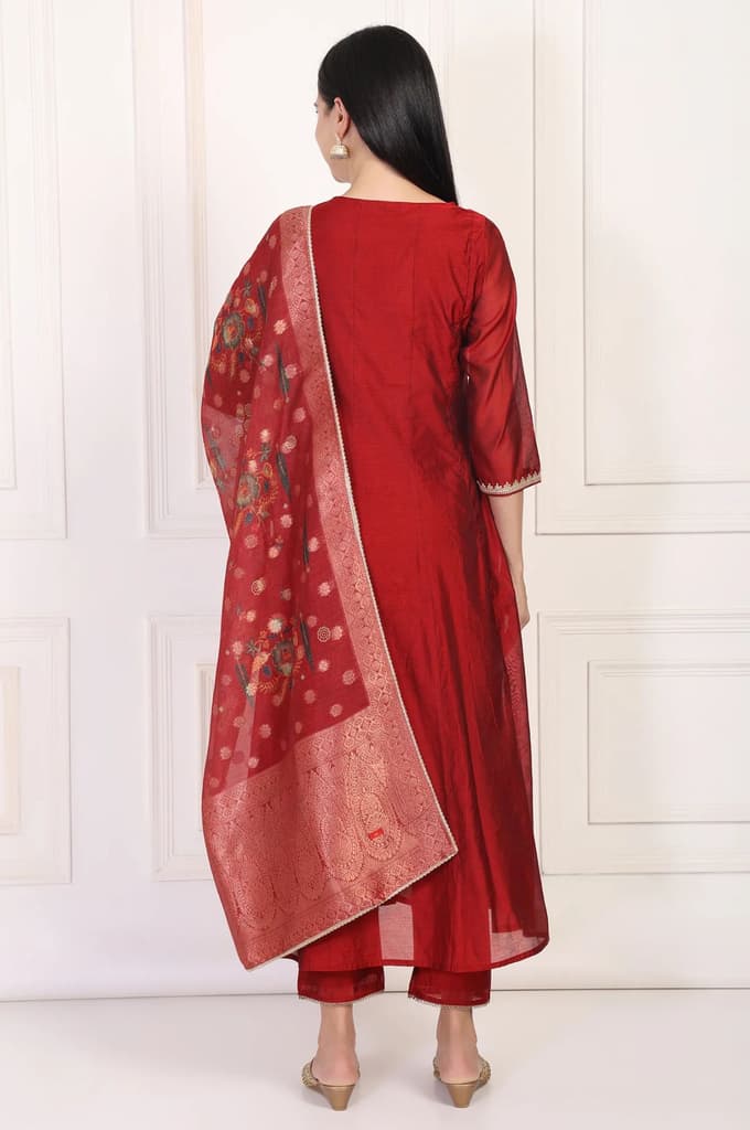 Maroon Embroidered Anarkali Art Silk Kurta with Straight Pant and Dupatta Set — photo 5