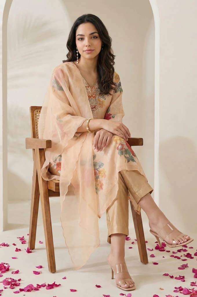 Peach Floral Printed Tissue Straight Kurta with Straight Pants and Dupatta Set — photo 3