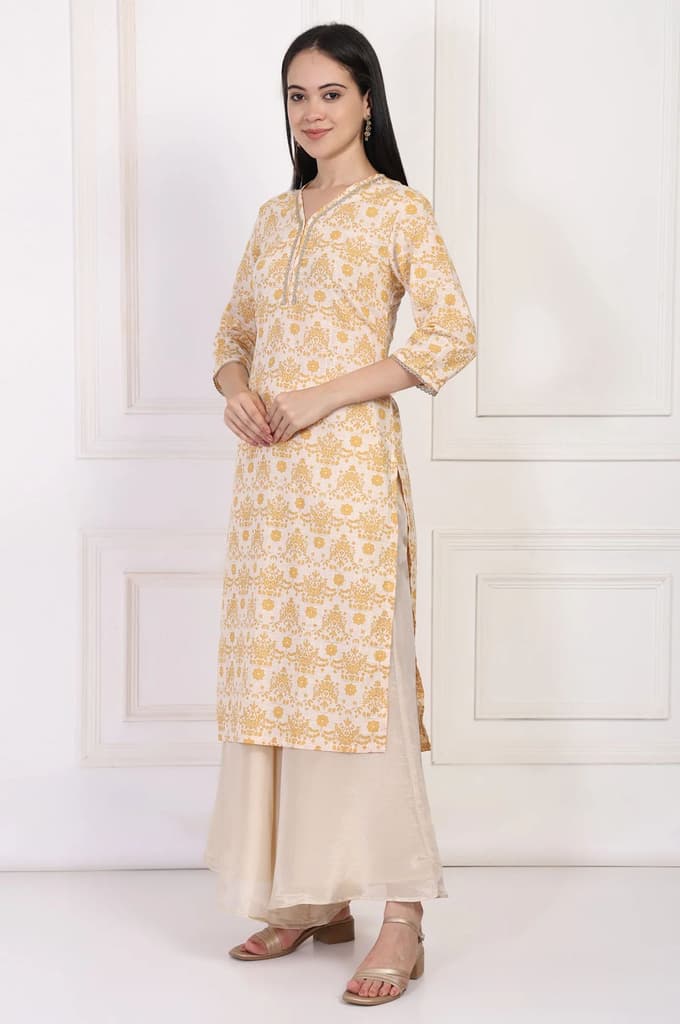 Cream Ethnic Damask Printed Lace Trim Straight Rayon Kurta — photo 4