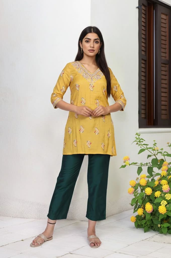 Mustard Embroidered Straight Rayon Kurta — XS