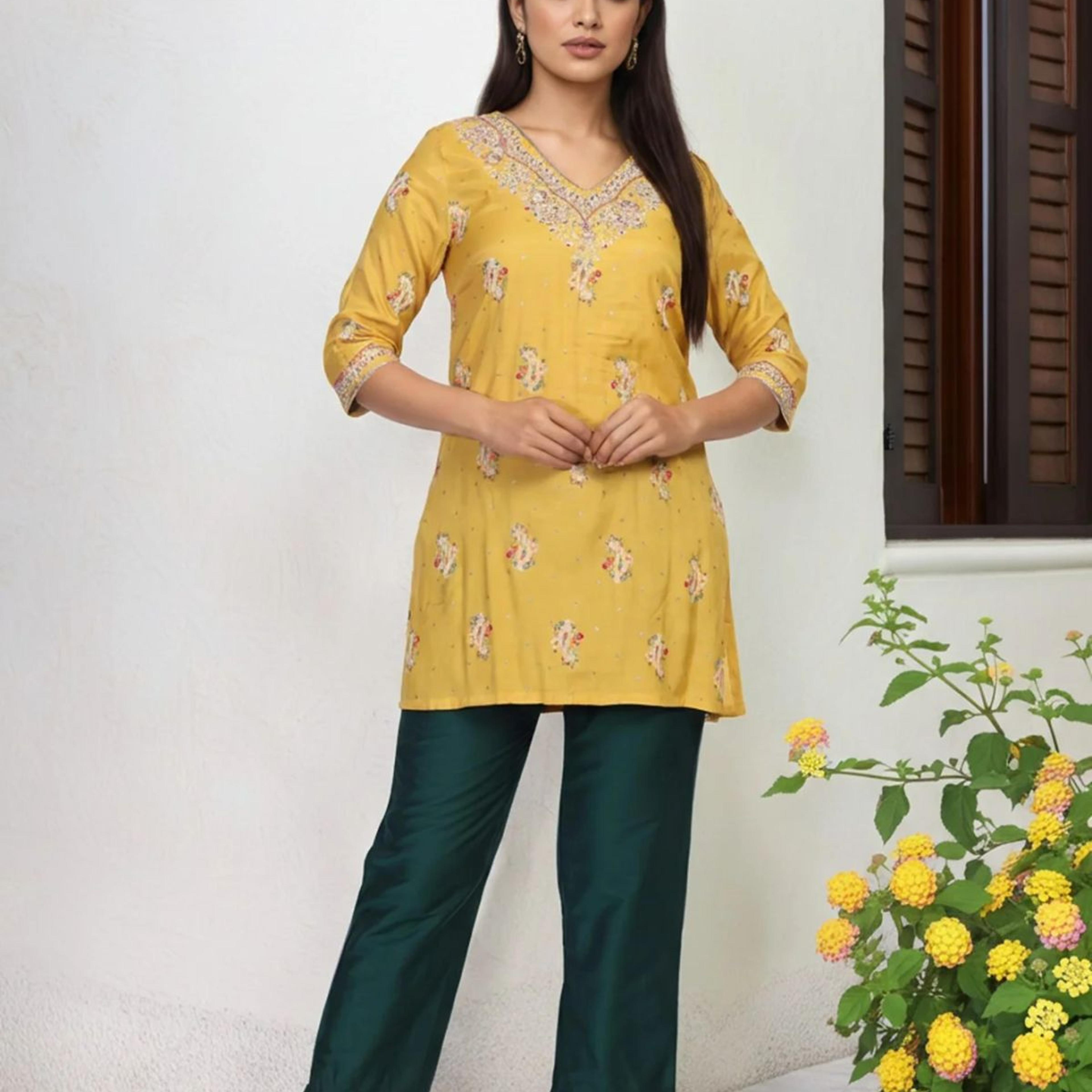 Mustard Embroidered Straight Rayon Kurta