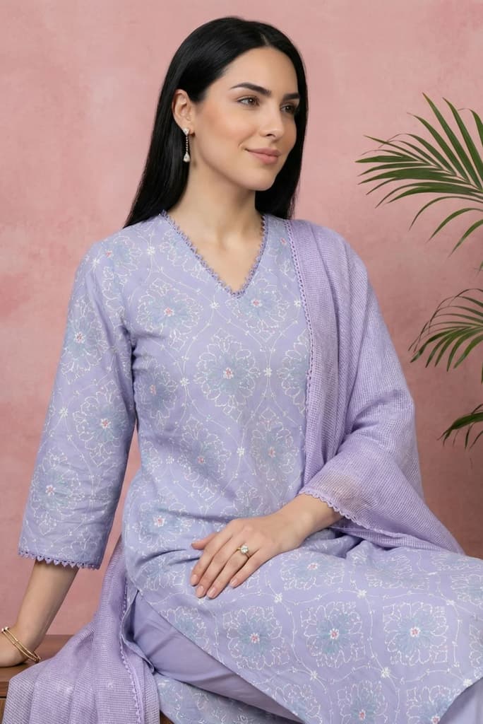 Lavender Thread Embroidered Pure Cotton Straight Kurta with Straight Pants and Dupatta Set — photo 3