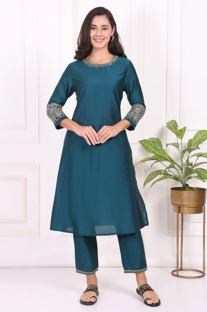 Teal Solid Metallic Embroidered Straight Kurta — XS