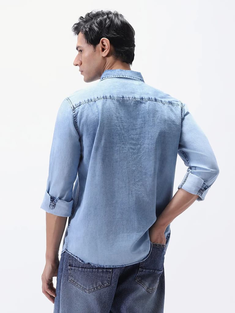 Men's Ice Blue Regular Fit Full Sleeve Washed Denim Shirt — photo 3