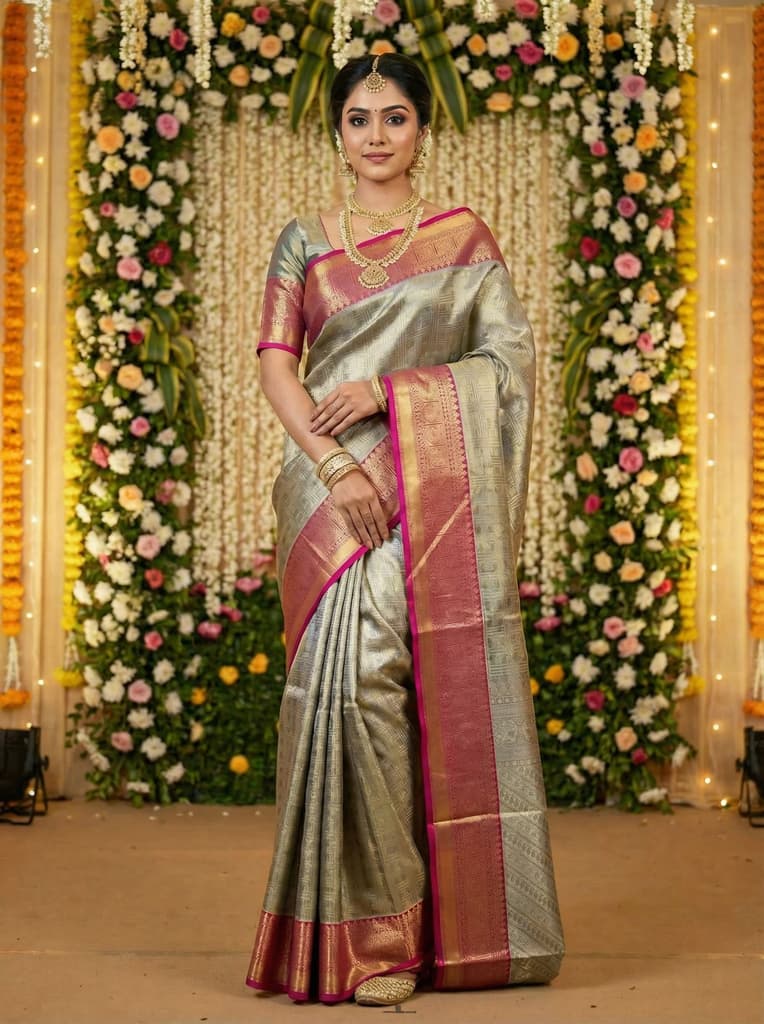 MIMOSA Women's Woven Design Kanjivaram Style Art Silk Saree with Blouse Piece - Navy Blue (SA00001522NVFREE) — photo 2