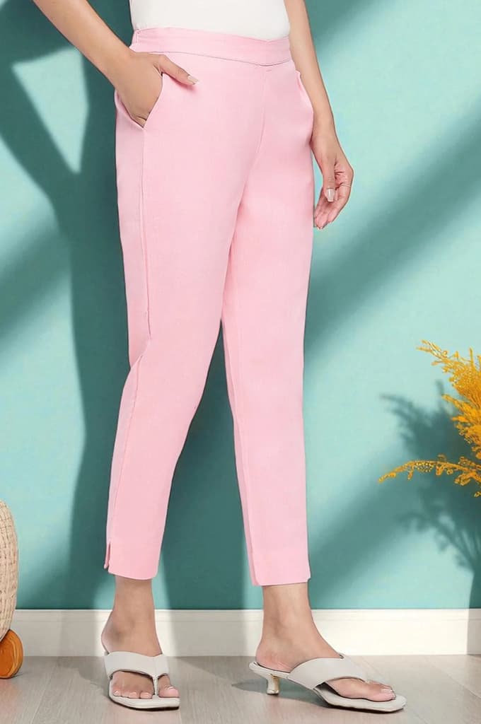 Pink Solid Cotton Flax Trousers in Ankle Length — photo 3