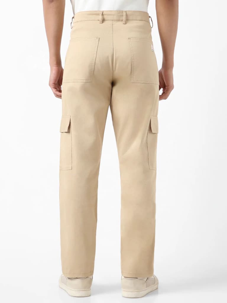 Men's Beige Regular Fit Solid Cargo Chino Pant with 6 Pockets Stretchable — photo 3