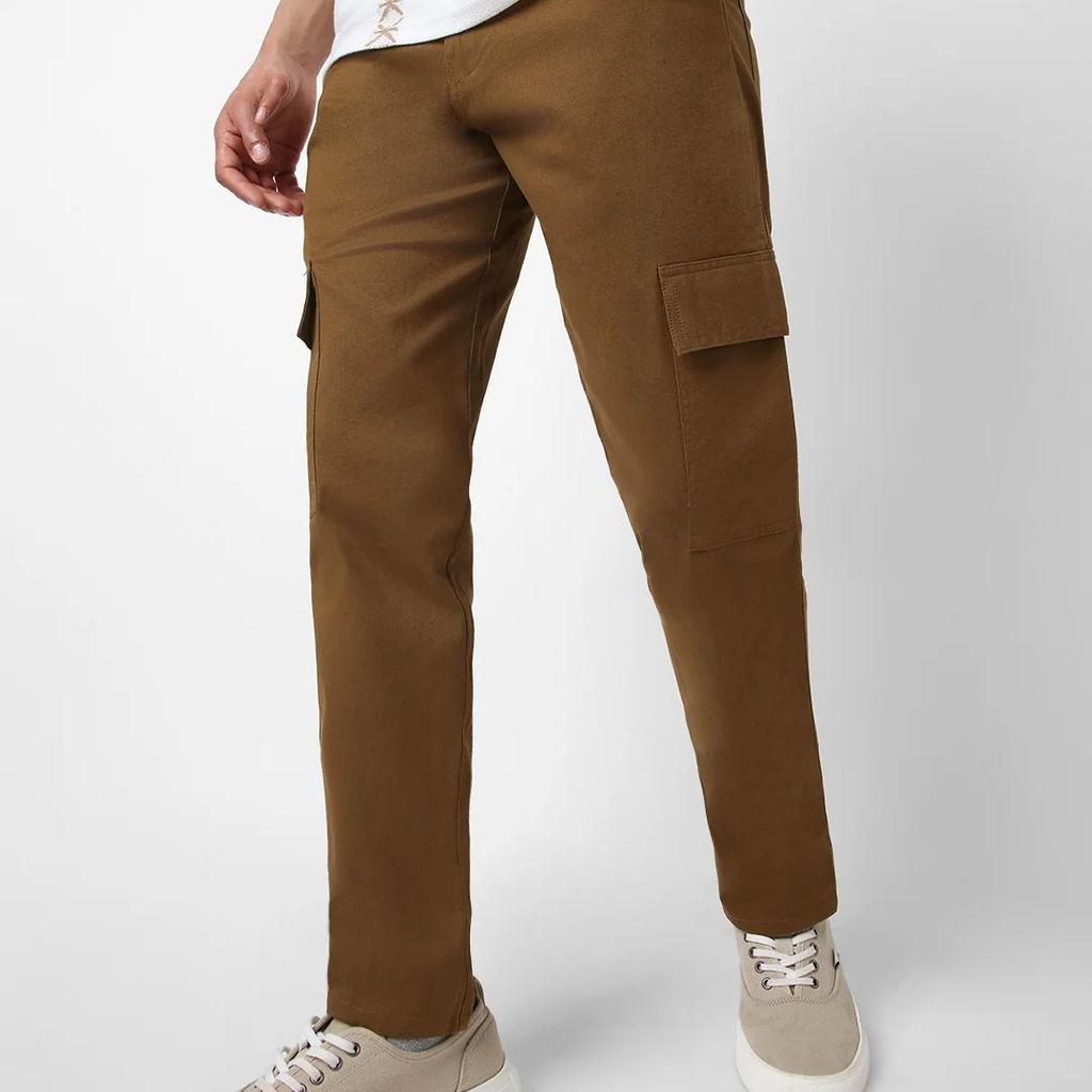 Men's Brown Regular Fit Solid Cargo Chino Pant with 6 Pockets Stretchable