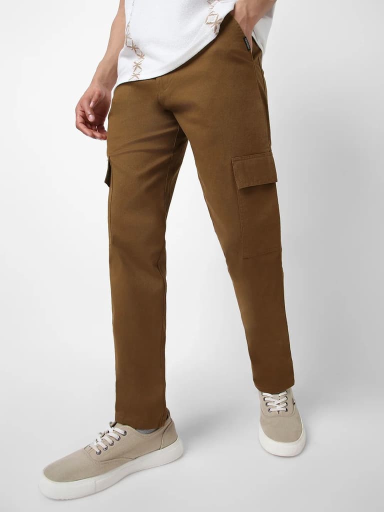 Men's Brown Regular Fit Solid Cargo Chino Pant with 6 Pockets Stretchable — 28 / Brown
