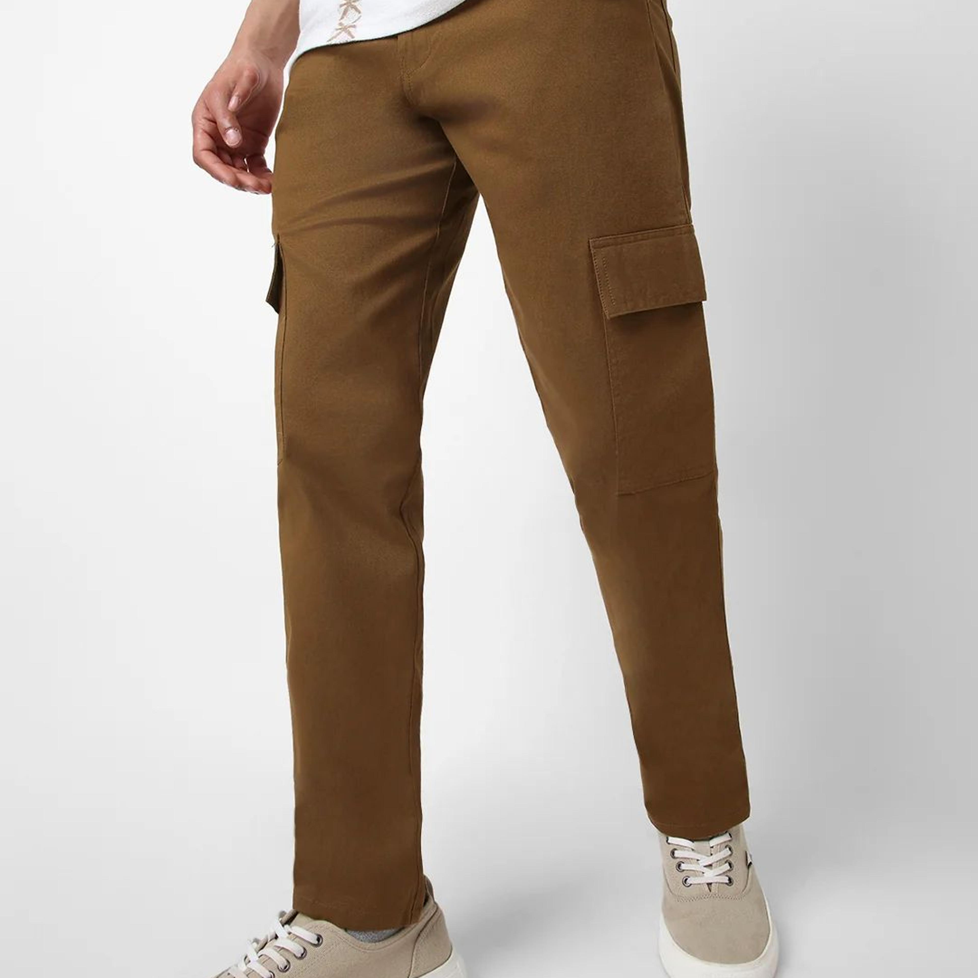 Men's Brown Regular Fit Solid Cargo Chino Pant with 6 Pockets Stretchable