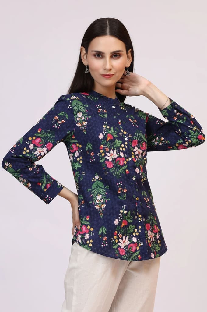 Navy Blue Floral Printed Pure Cotton Ethnic Shirt — photo 7