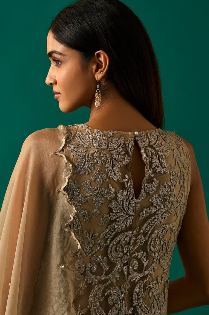 Beige Embroidered Anarkali Dress with Churidar and Dupatta Set — photo 6