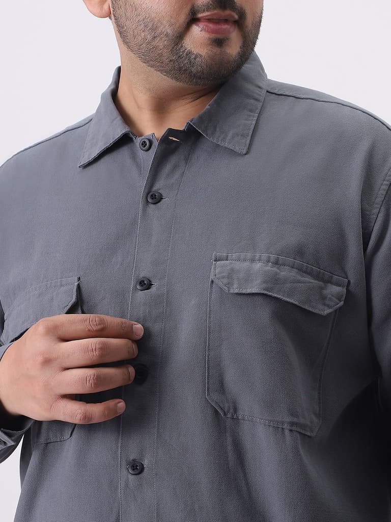 Plus Men's Grey Cotton Full Sleeve Relaxed Fit Shacket with Utility Pockets — photo 5