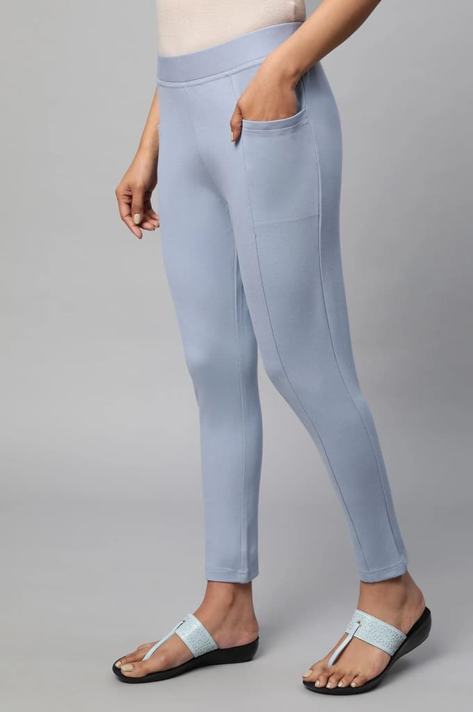 Light Blue Solid Skinny Fit Yoga Tights With Side Pockets — photo 3