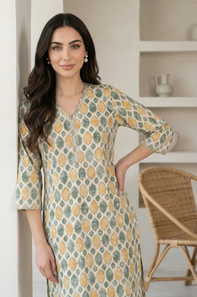 Cream Ethnic Motifs Pure Cotton Straight Kurta with Lace — XS