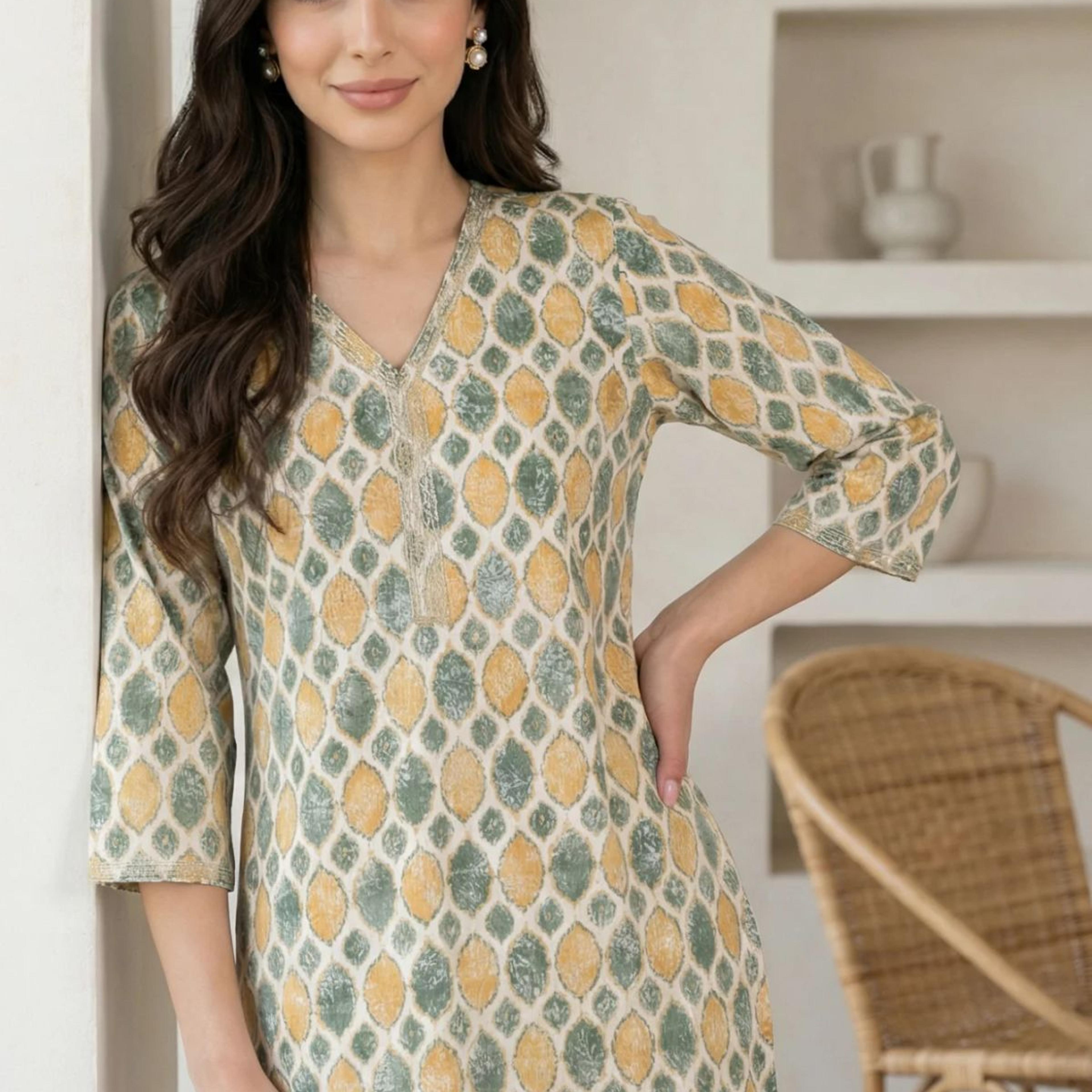 Cream Ethnic Motifs Pure Cotton Straight Kurta with Lace