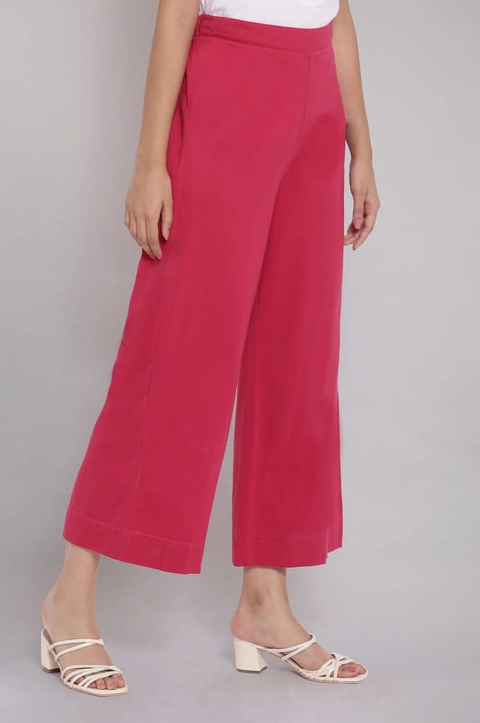 Red Solid Straight Fit Cotton Palazzo With Elasticated Waist — photo 4