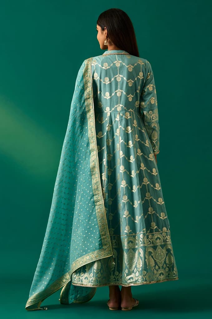 Aqua Green Zari Embroidered Jacquard Anarkali and Dupatta Set — photo 3