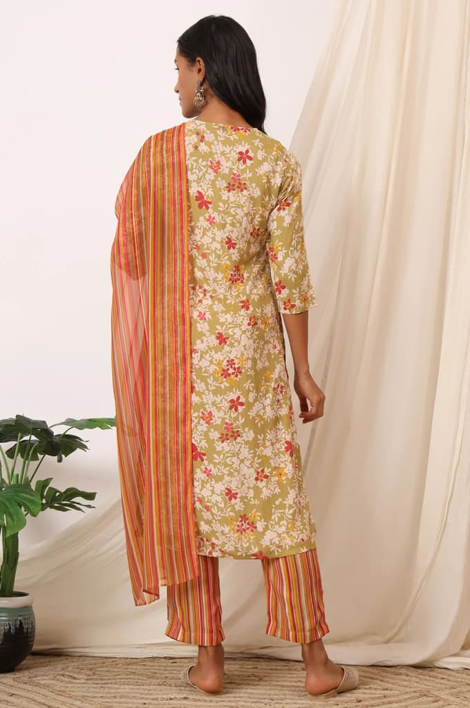 Beige Floral Printed Pure Cotton Straight Kurta, Pants and Dupatta Set — photo 6