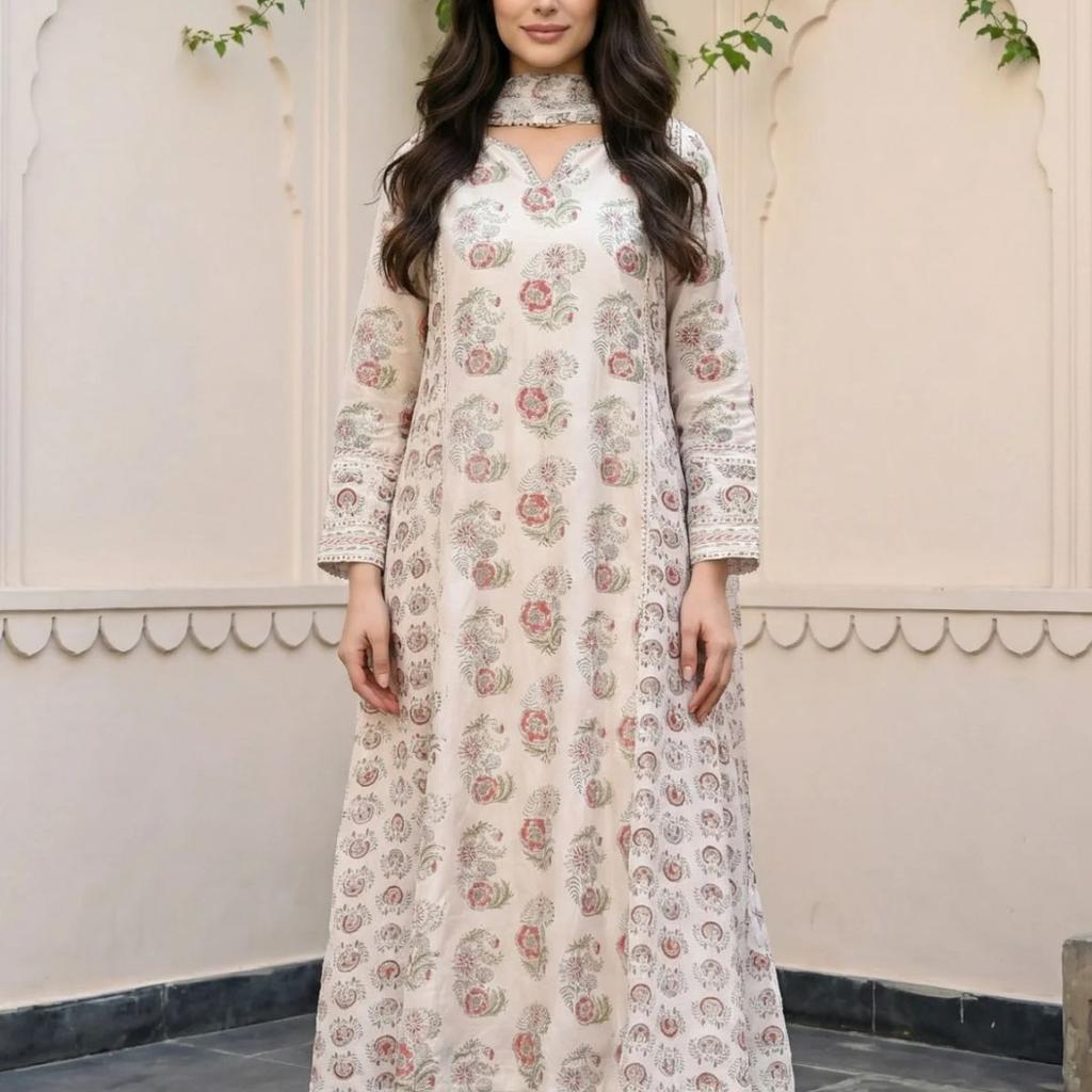 Off-White Floral Printed Silk Blend A-Line Kurta with Straight Pant and Dupatta Set