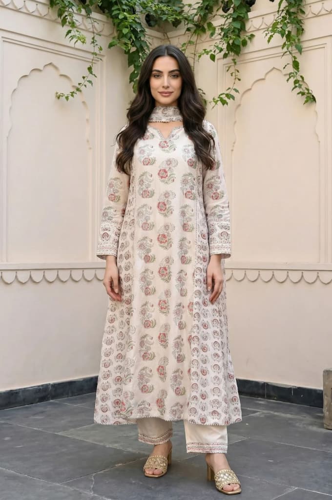 Off-White Floral Printed Silk Blend A-Line Kurta with Straight Pant and Dupatta Set — XS