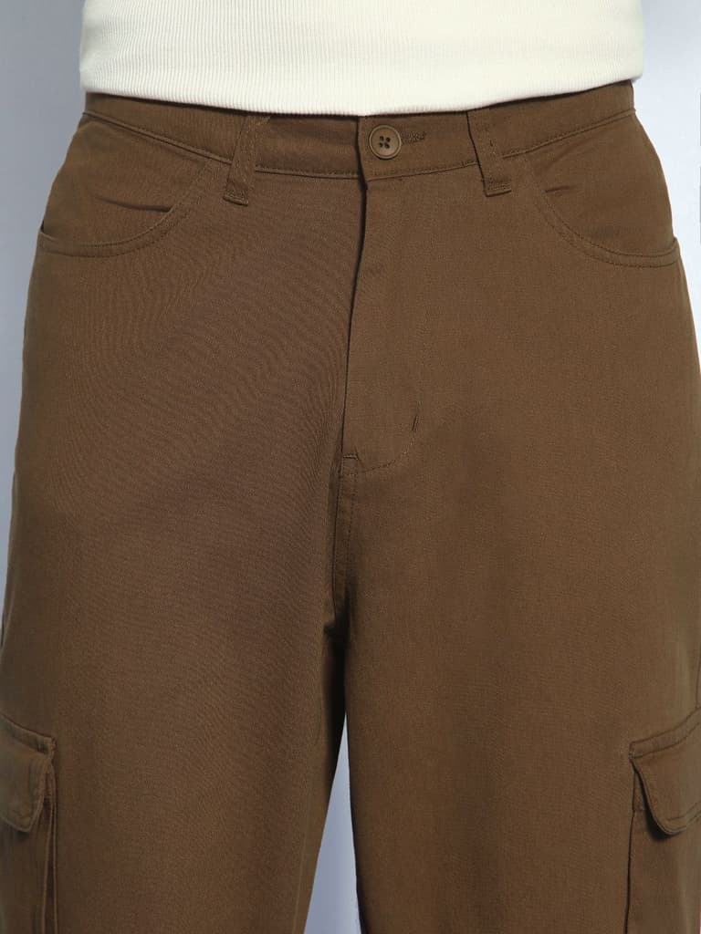 Men's Brown Loose Baggy Fit Cargo Chino Pant with 8 Pockets Stretchable — photo 7