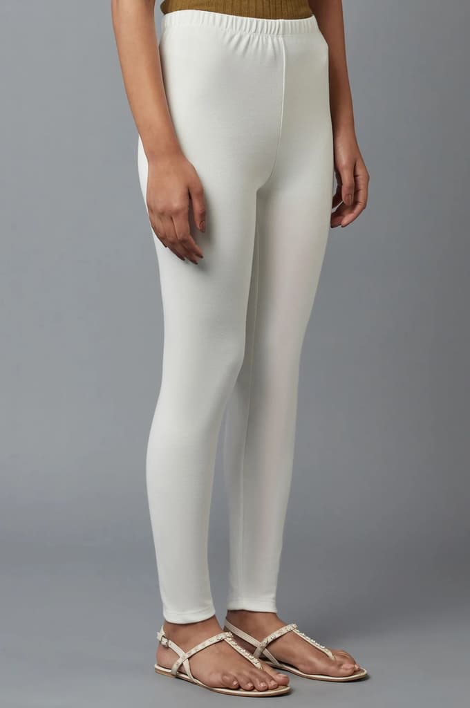 White Solid Skinny Fit Cotton Tights With Elasticated Waistband — photo 4