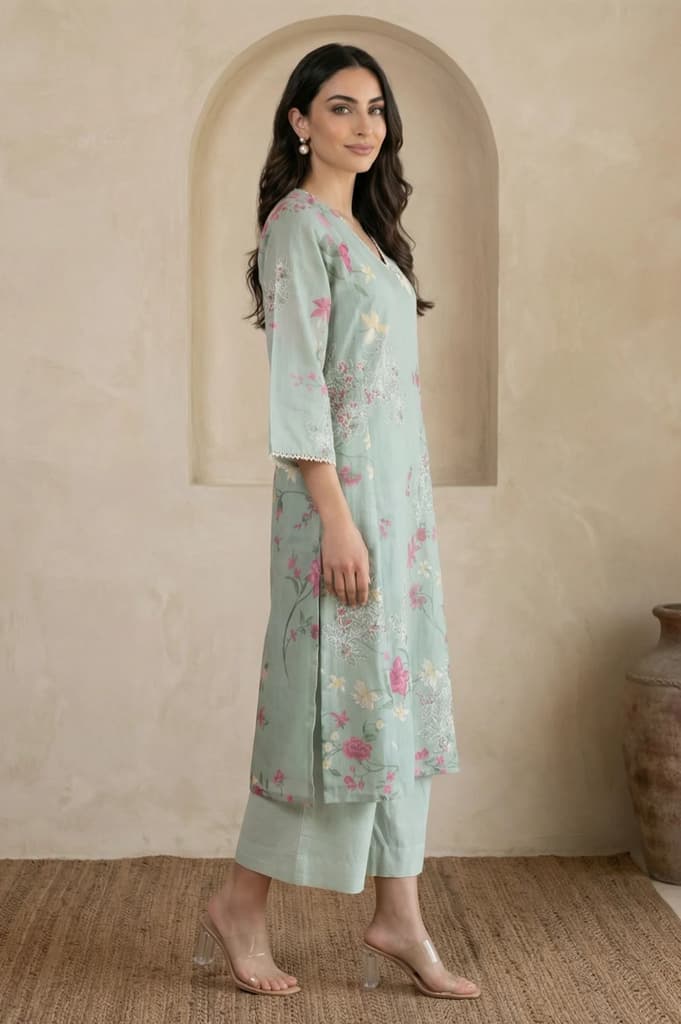 Sea Green Floral Printed Embroidered Chanderi Straight Kurta — photo 6