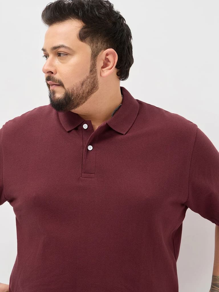 Plus Men's Maroon Solid Regular Fit Half Sleeve Cotton Polo T-Shirt — photo 5