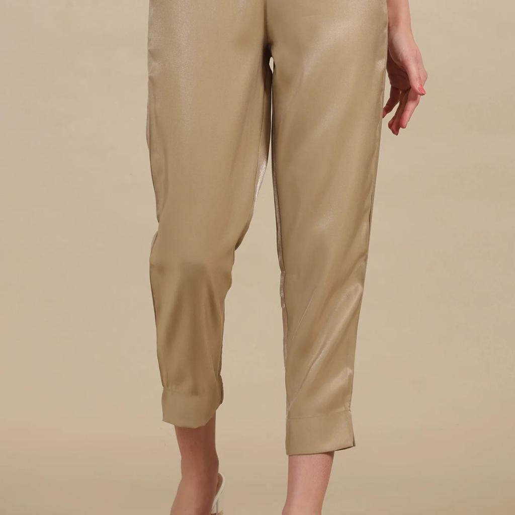 Gold Solid Straight Fit Trousers With Elasticated Waist