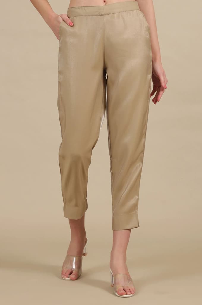 Gold Solid Straight Fit Trousers With Elasticated Waist