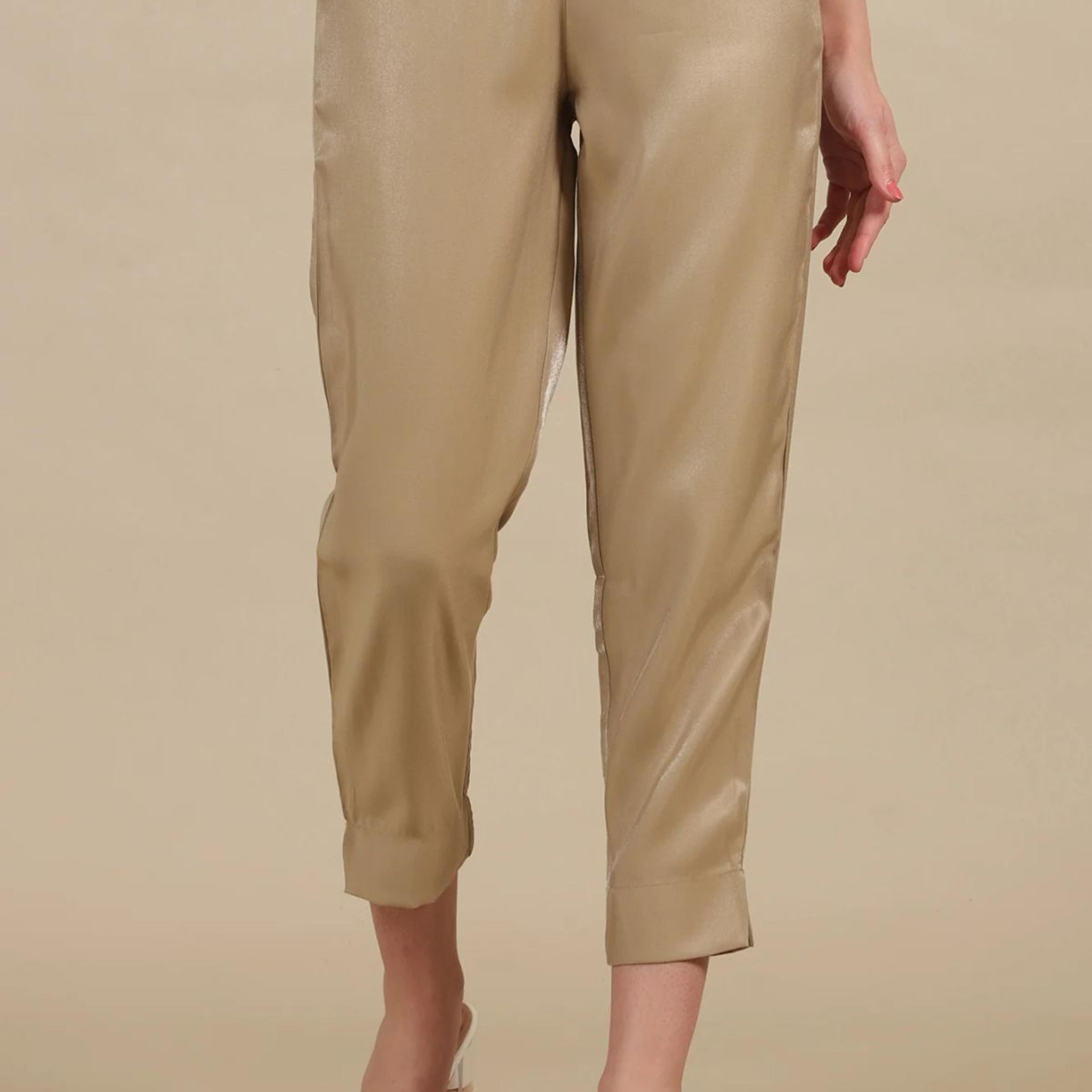 Gold Solid Straight Fit Trousers With Elasticated Waist
