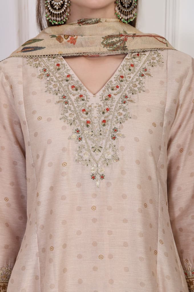 Beige Embroidered A-Line Chanderi Kurta with Straight Pant and Dupatta Set — photo 3