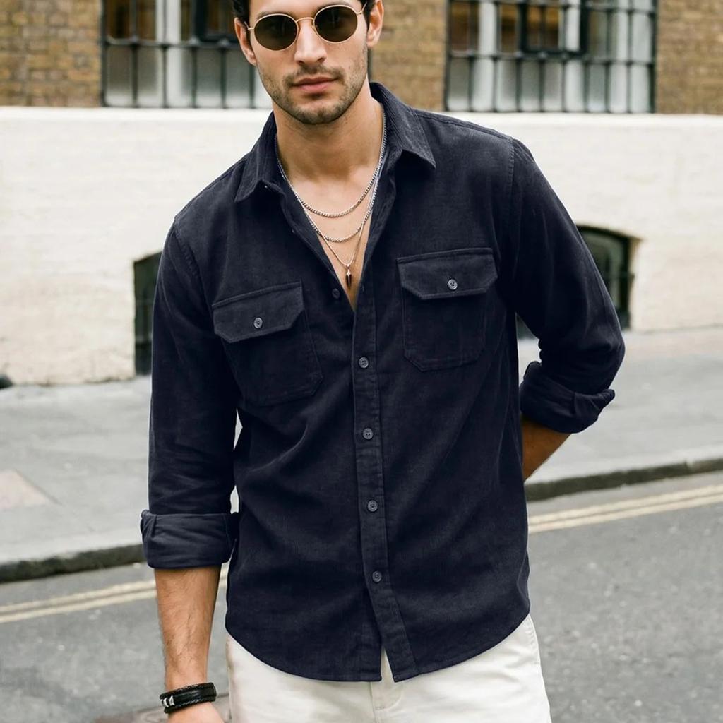 Men's Navy Corduroy Full Sleeve Regular Fit Solid Overshirt with Utility Pockets