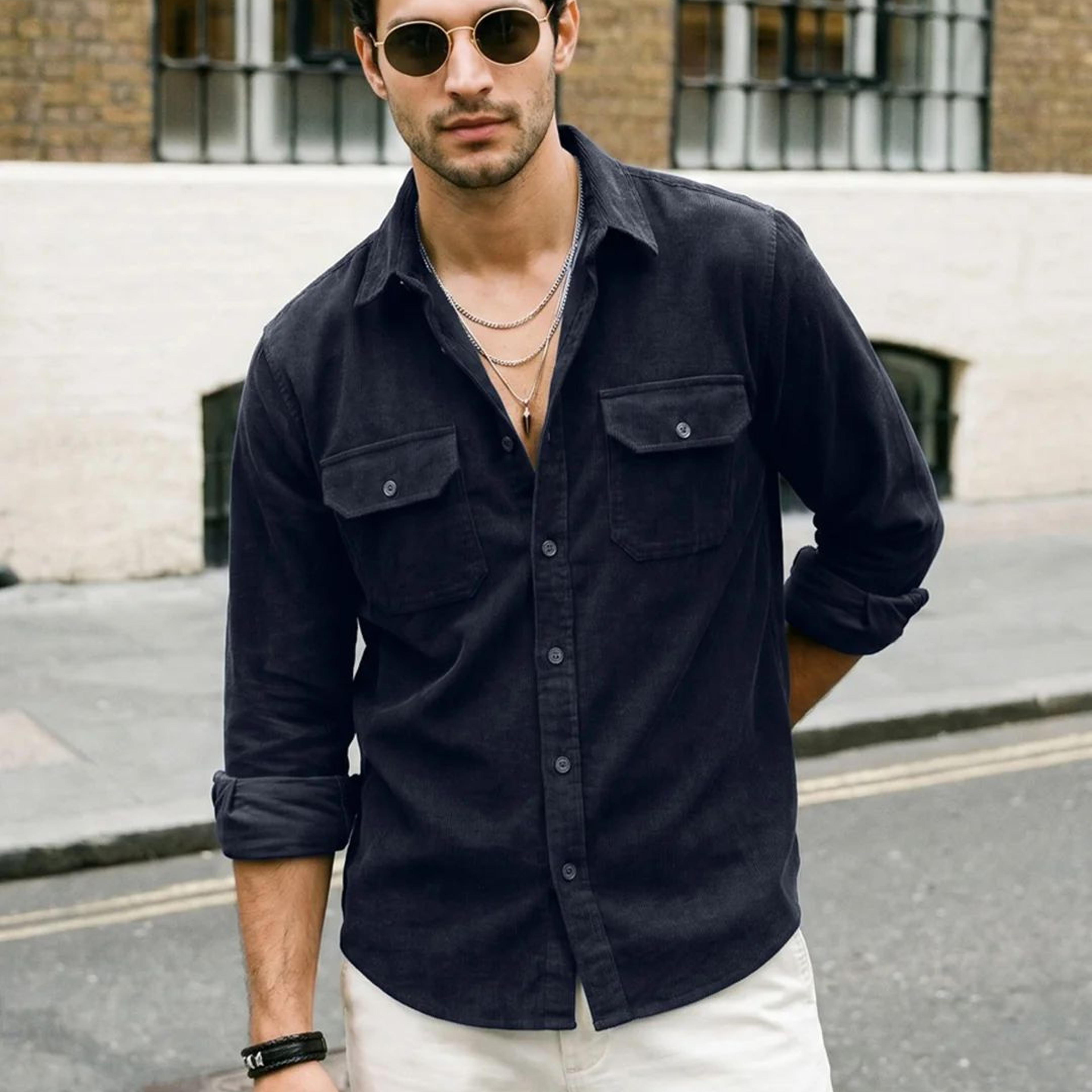 Men's Navy Corduroy Full Sleeve Regular Fit Solid Overshirt with Utility Pockets