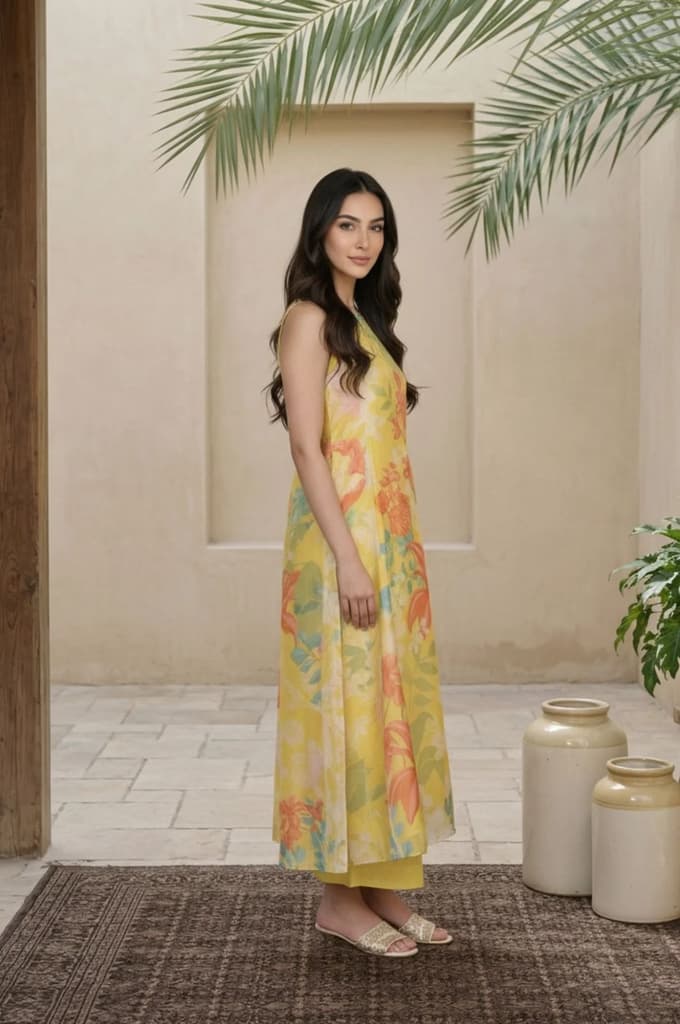 Yellow Floral Printed Straight Kurta with Flared Pant and Dupatta Set — photo 5
